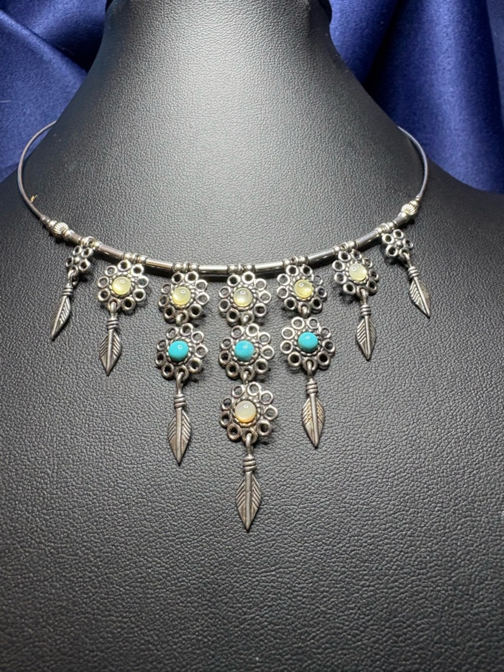 Necklace Artisan 925 Sterling Silver Floral Feather Turquoise Opal Choker